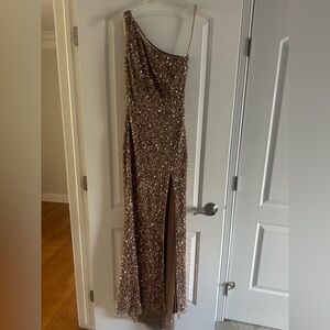 Mac Duggal One Shoulder Sequin Dress in Gold